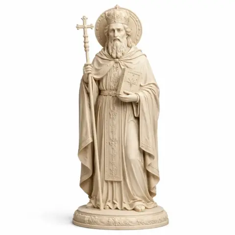 A detailed statue of a bearded saint holding a cross and book, wearing a robe and crown.
