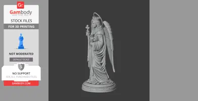 A detailed statue of a saint with wings, a crown, and a staff, standing on an ornate pedestal.