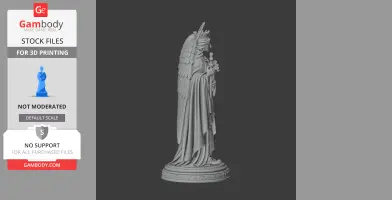 A detailed 3D model of a robed figure with wings and a crown, standing on a decorated base.