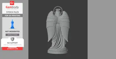 Winged statue with crown and halo, draped in flowing robes on a decorative pedestal.