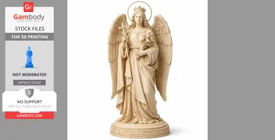 Statue of an angelic figure with wings, holding a cross and lilies, wearing a crown and long robes.
