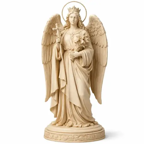 A detailed angelic statue with a crown, wings, and a halo, holding a cross and flowers, on a decorative base.