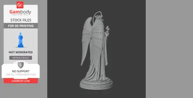 A winged angelic statue with a crown and draped robe, holding a cross-shaped object, on a round base.
