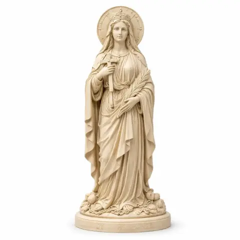 A detailed statue of a robed woman with a halo, holding a cross and palm branch, standing on a decorated base.