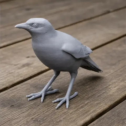 3D-printed model of a plump bird standing on wooden planks, showcasing detailed feathers and feet.