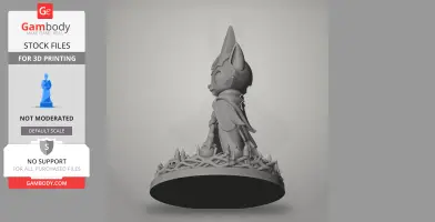 A 3D figure of a stylized character with large ears, standing on a detailed base with intricate designs.
