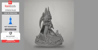 A stylized character figure with a cape and staff, standing on a base with skulls and spikes.