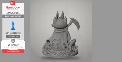 A robed character figure with horns, holding a sickle, stands on a detailed base with vine-like patterns.