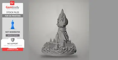 A robed, animal-headed figure stands on a detailed base with spikes and skulls, designed for 3D printing.