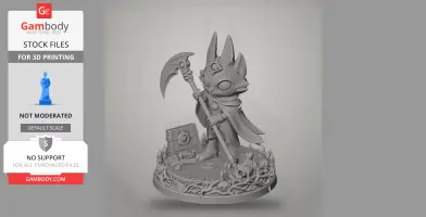 Anthropomorphic figure with large ears holding a scythe, standing on a detailed base with books and skulls.