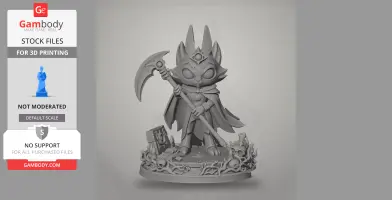 A stylized character figure with a large head, wearing a cape, holding a scythe, and standing on a decorative base.