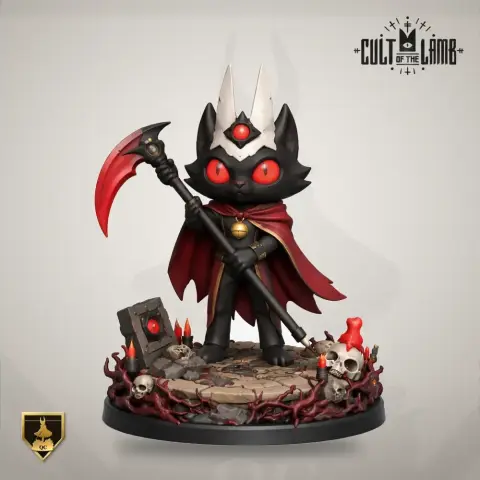 A dark creature with a crown, red eyes, and a cape holds a red scythe. It stands on a decorated base with skulls.