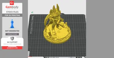 A detailed 3D model of a character with a staff and crown on a decorated base. Suitable for 3D printing.