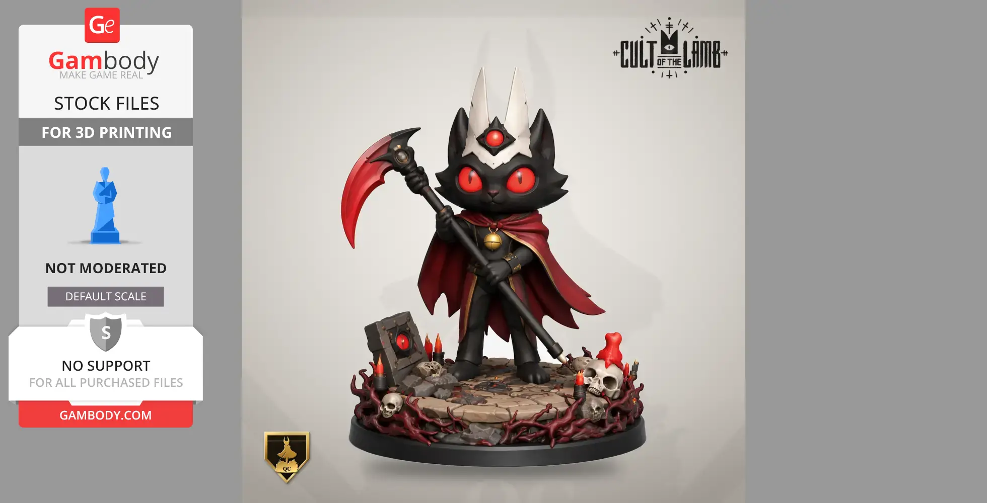A black creature with red eyes, wearing a crown and holding a scythe, stands on a detailed base with skulls.