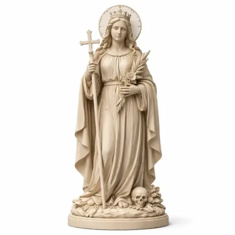 A saintly statue holding a cross and palm branch, with a halo and skull at the base, draped in flowing robes.