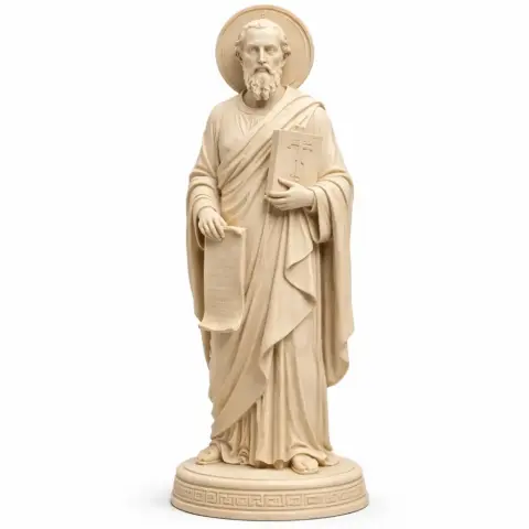 A devotional statue of a bearded man in robes, holding a book and a scroll, standing on a decorative base.