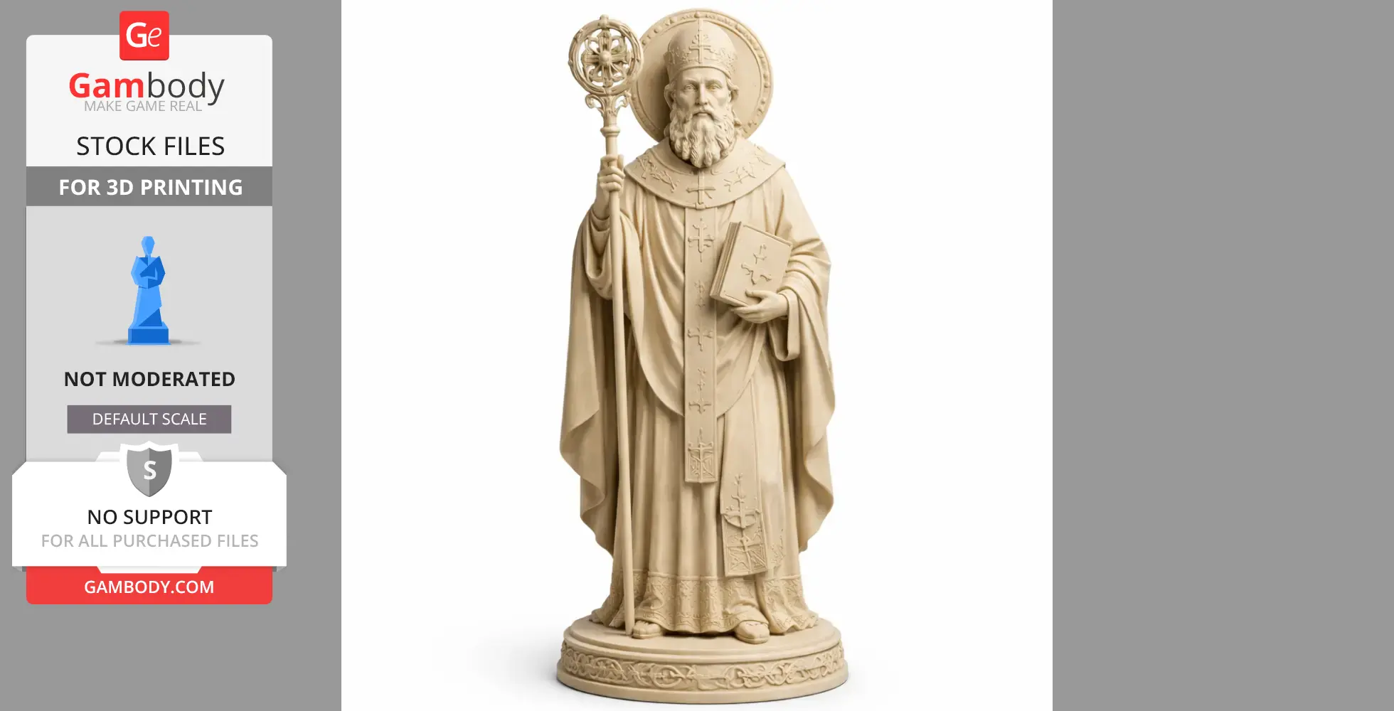 A detailed 3D model of a bearded saint holding a staff and book, wearing ornate religious robes.