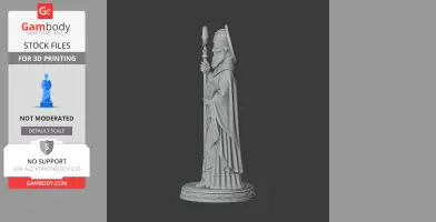 A detailed 3D model of a robed figure holding a staff and book, standing on a decorative base.