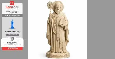 A detailed 3D model of a bearded saint holding a staff and book, wearing ornate religious robes.