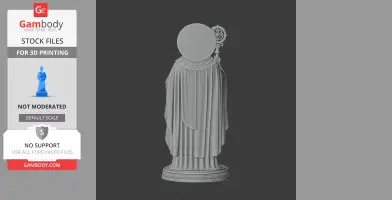 A 3D model of a cloaked figure holding a staff, standing on a detailed pedestal.