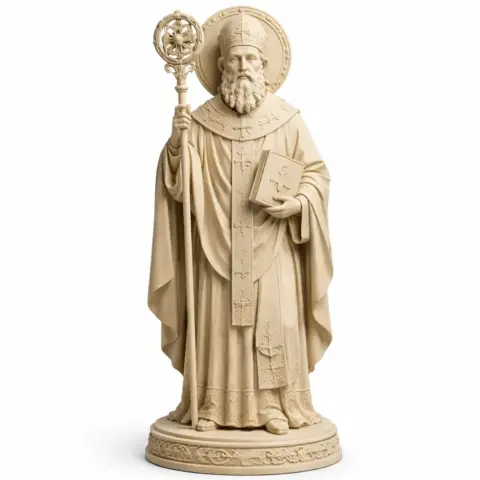 A detailed 3D model of a bearded saint holding a staff and book, wearing robes and a mitre, standing on a round base.