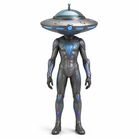 Alien figure with a UFO-shaped helmet and futuristic armor, designed for 3D printing.