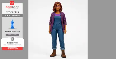3D model of a woman with glasses, wearing a purple cardigan, blue overalls, and brown boots.