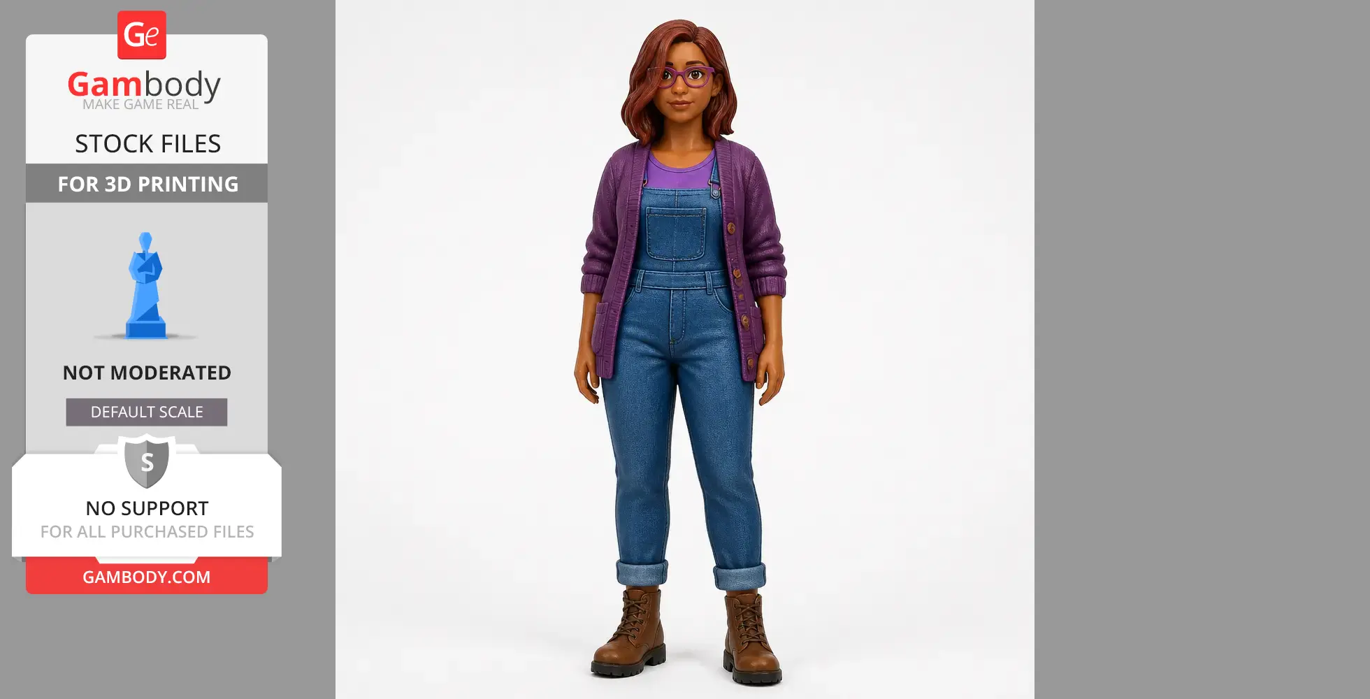 3D model of a woman with glasses, wearing a purple cardigan, blue overalls, and brown boots.