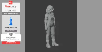 3D model of a woman in glasses, wearing a cardigan, shirt, pants, and boots, looking to the side.