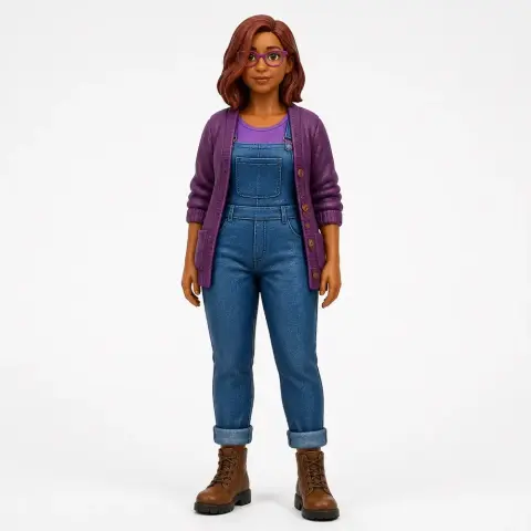 A 3D figurine of a casual woman wearing overalls, a purple cardigan, and glasses, standing upright.