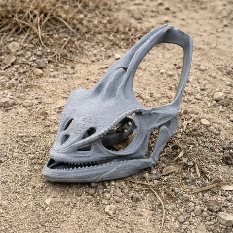 3D printed veiled chameleon skull replica resting on rocky ground.