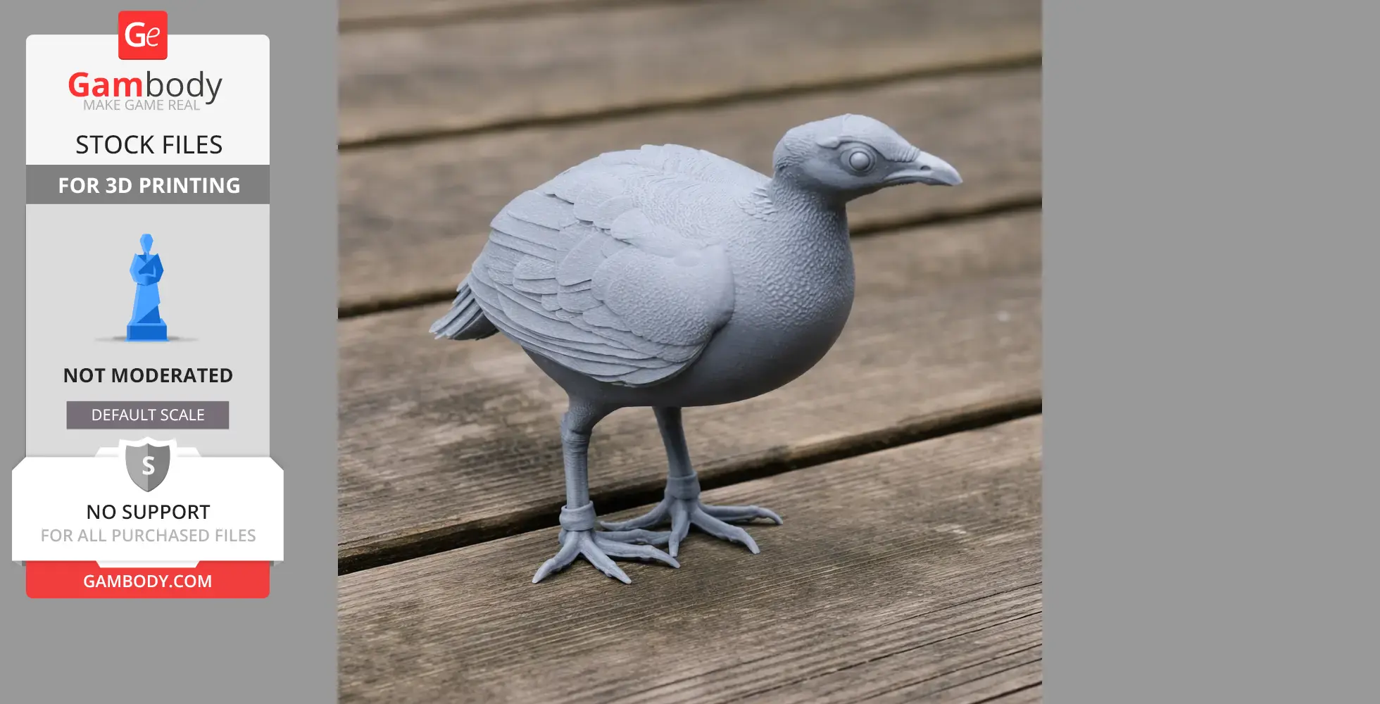 3D-printed partridge model on wooden surface, detailed with textured feathers and lifelike stance.