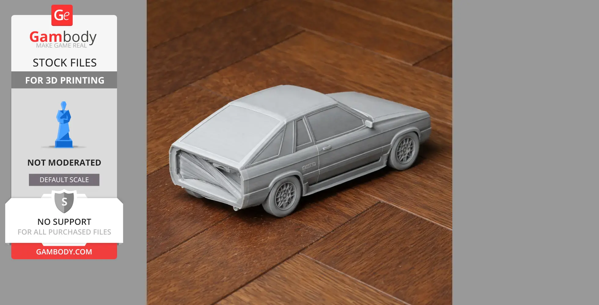 3D printed model of a Dodge Omni 024 car displayed on a wooden floor.