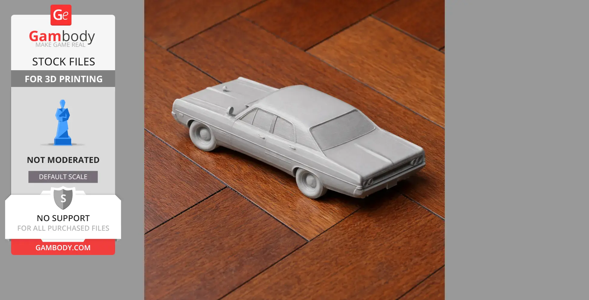 3D printed scale model of a Dodge Polara car on a wooden surface.