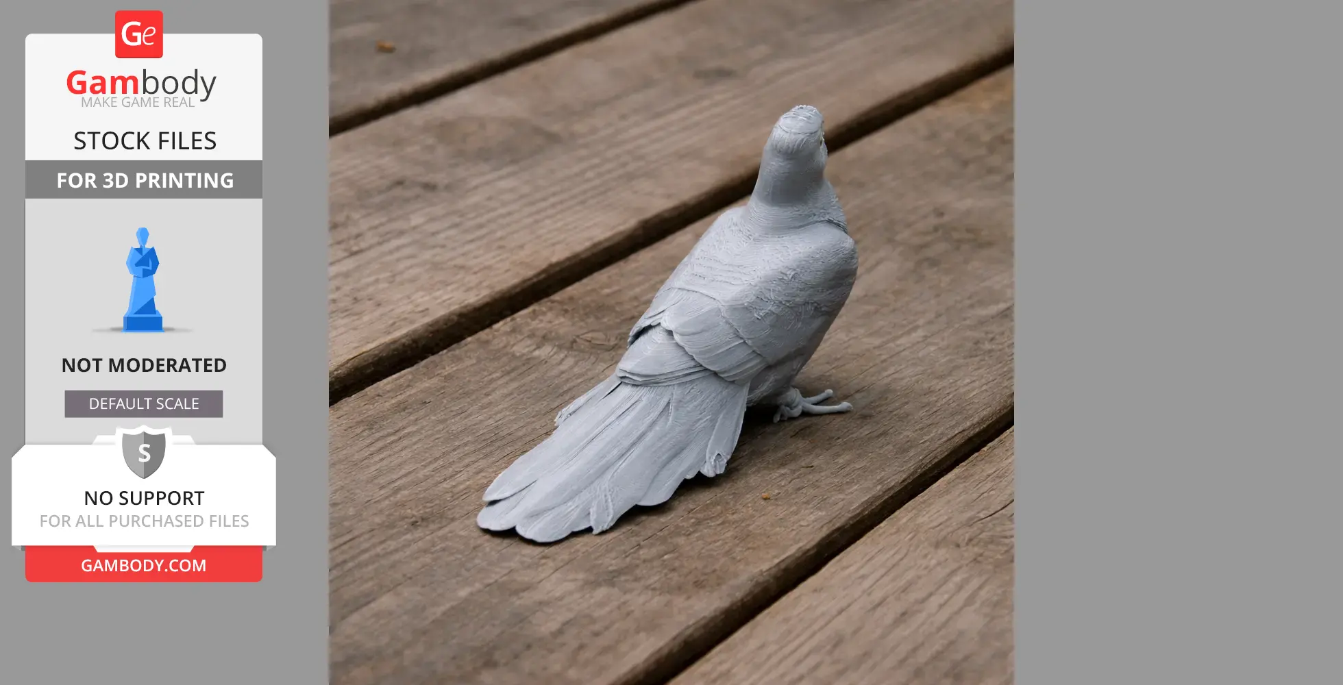 3D-printed model of a bar-tailed cuckoo-dove, posed on a wooden surface.