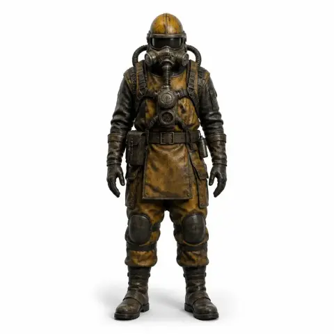 A detailed figurine of a character in a yellow hazmat suit with a gas mask and protective gear.