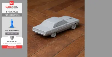 Gray 3D-printed model of a classic Dodge car on a wooden floor.
