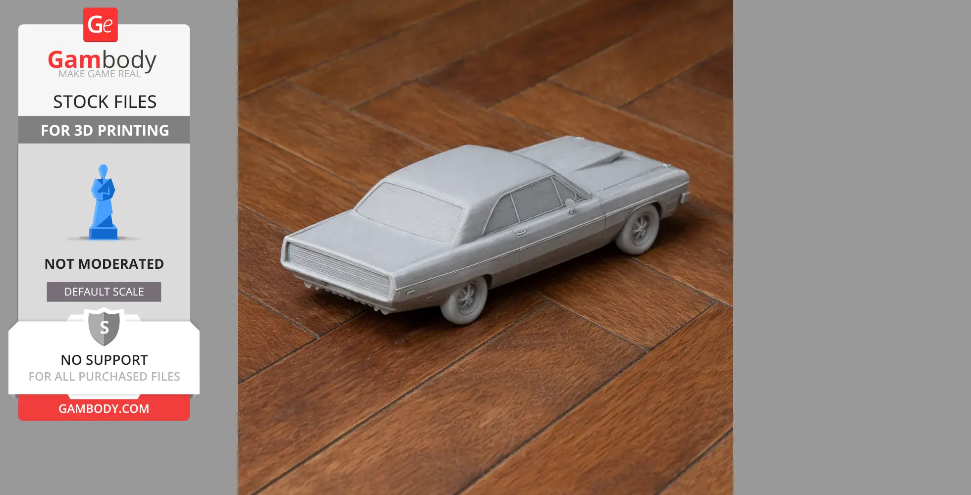 Gray 3D-printed model of a classic Dodge car on a wooden floor.