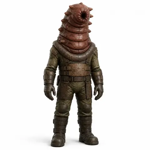 Futuristic armored figure with worm-like head, ready for 3D printing.