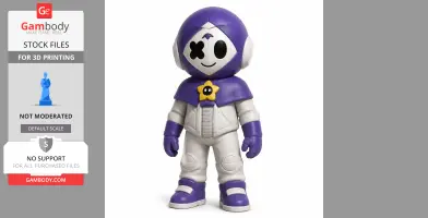 Purple-hooded figurine with a star emblem, smiling face, and white suit designed for 3D printing.