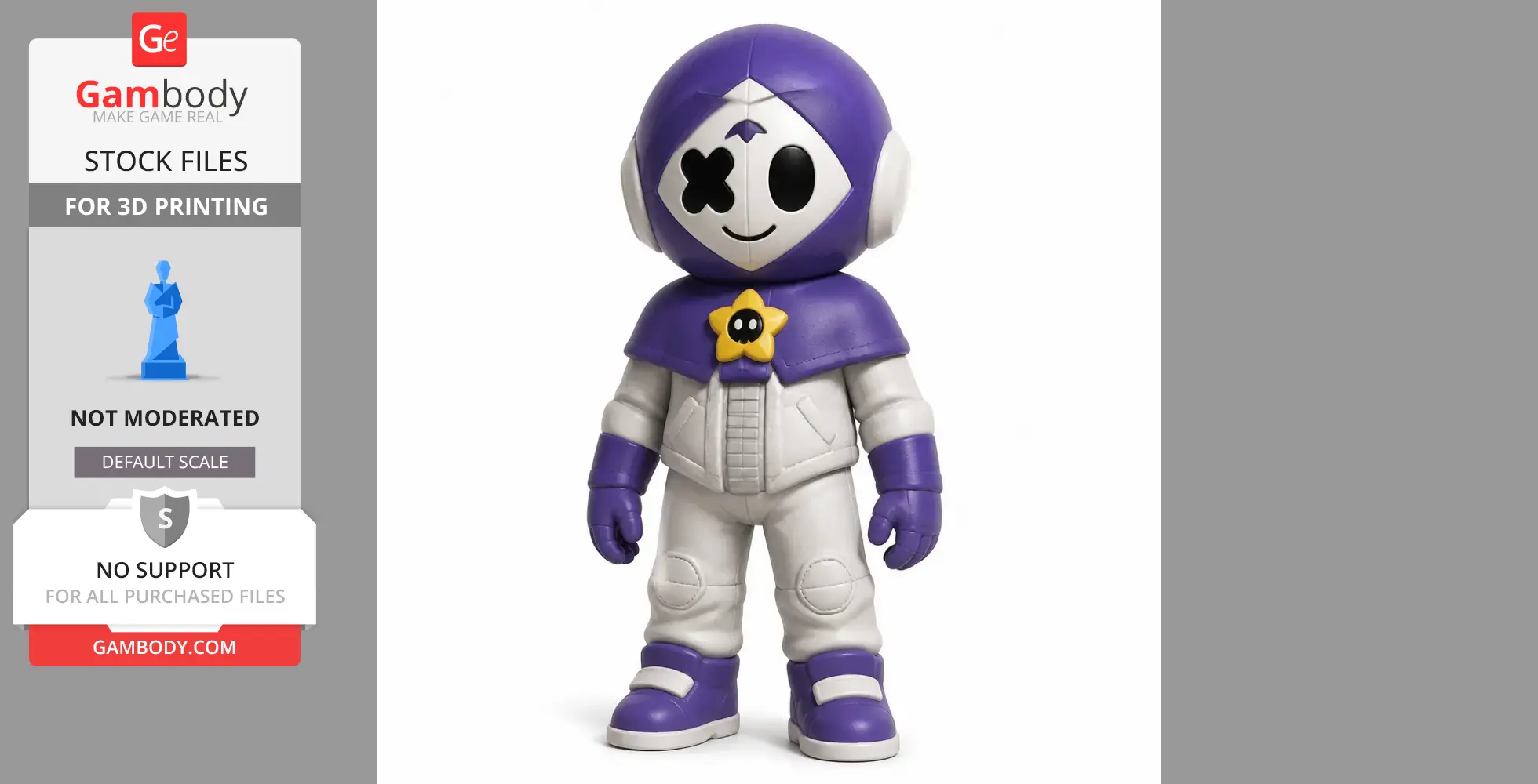 Purple-hooded figurine with a star emblem, smiling face, and white suit designed for 3D printing.