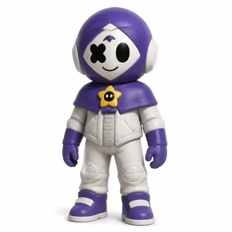 Adorable purple and white cartoon character figurine with a star emblem on its cape.