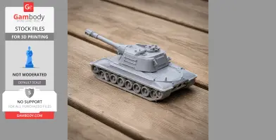 Gray 3D-printed Object 268 tank model on wooden surface, ready for assembly or display.