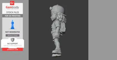 Side view of a 3D figurine of a character with a cap, curly hair, backpack, shorts, and sneakers.