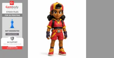 3D model of a cartoon character wearing a red outfit, cap, and backpack from Brawl Stars.