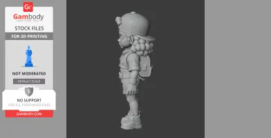 Side view of a 3D-printed figurine, featuring a cartoon character with a cap and backpack.
