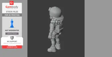 3D model of a cartoon character with a backpack, wearing a cap and boots, for 3D printing.