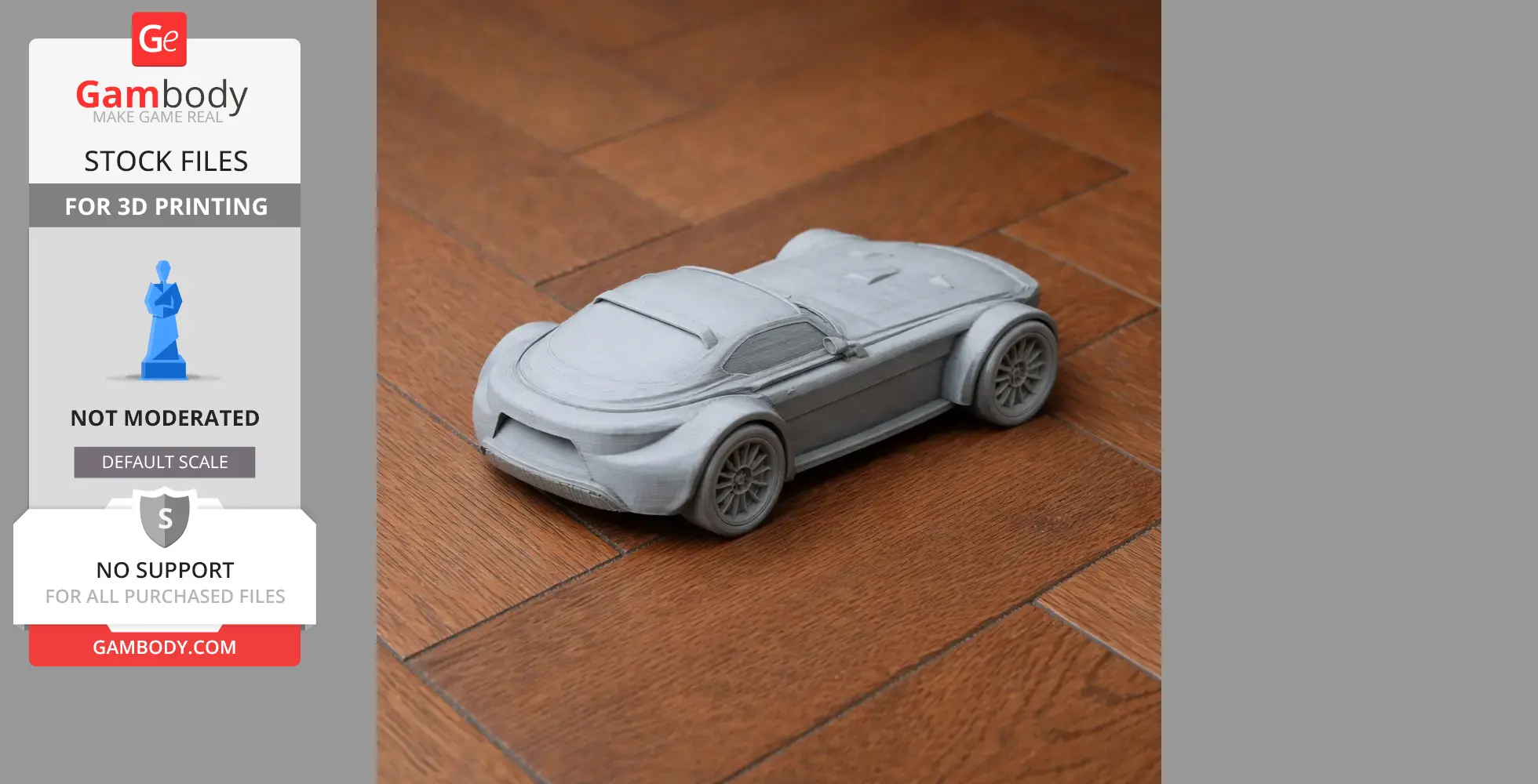 A 3D-printed scale model of a Donkervoort D8 car, placed on a wooden floor.