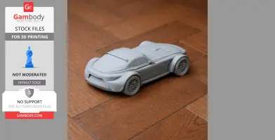 A 3D-printed scale model of a Donkervoort D8 car, placed on a wooden floor.
