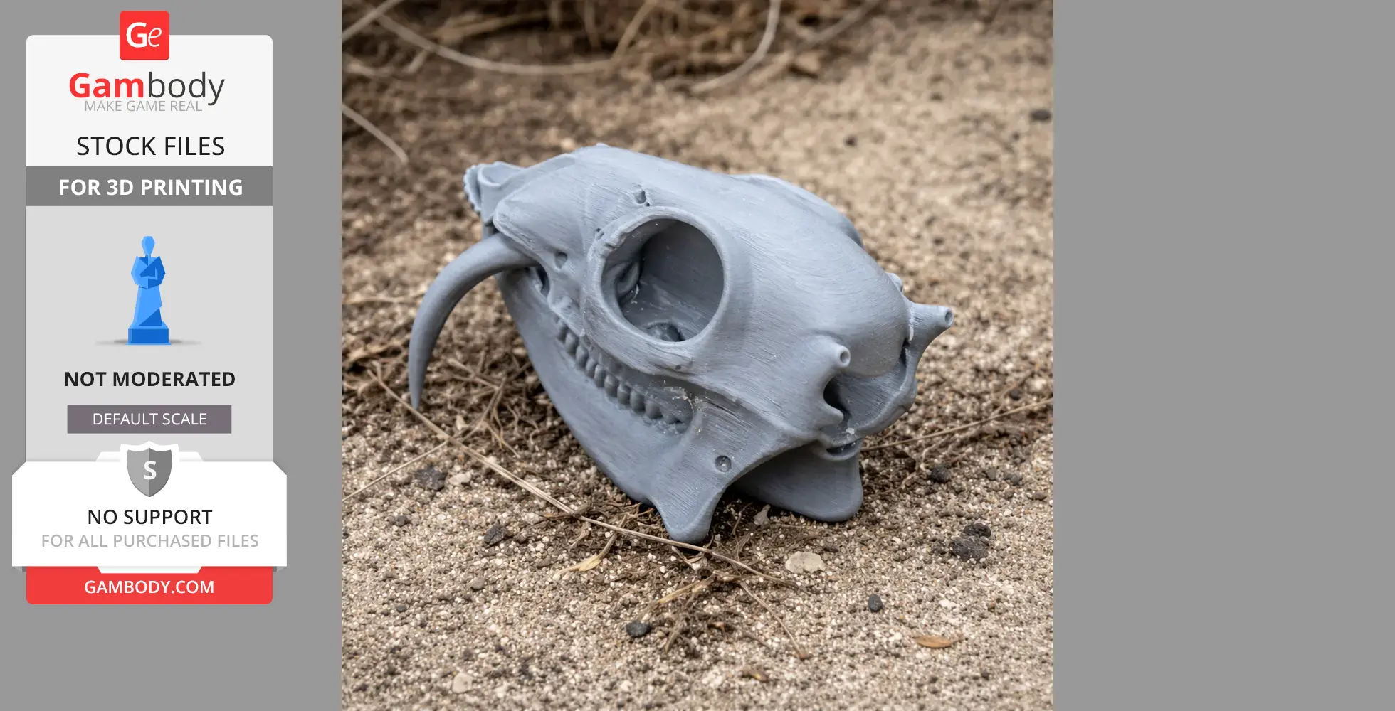3D-printed water deer skull replica resting on sandy ground.